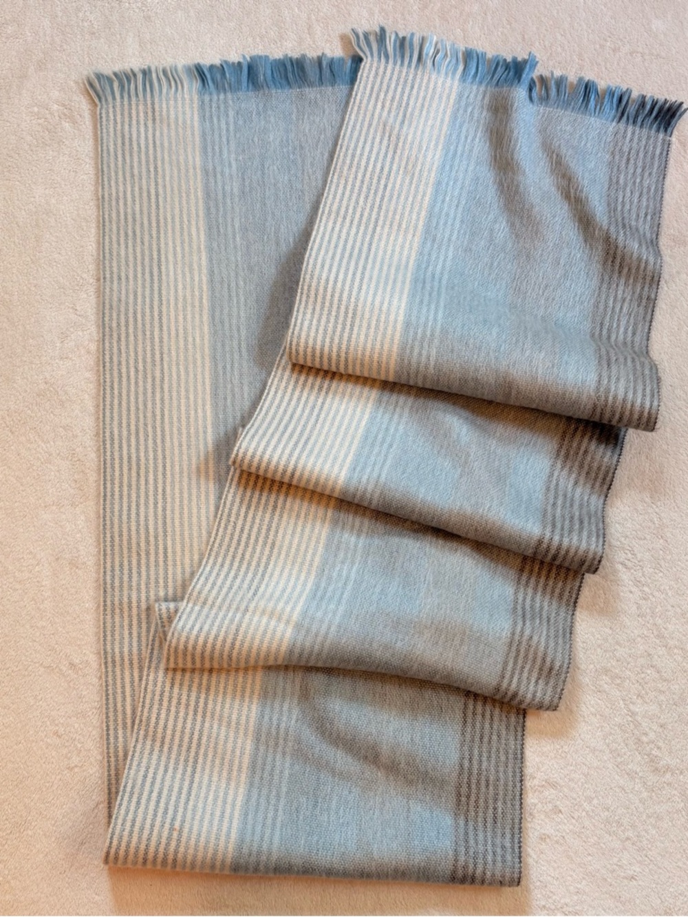 Chico's Light Blue, Gray & Cream Striped Fringe Scarf 12.5 x 78